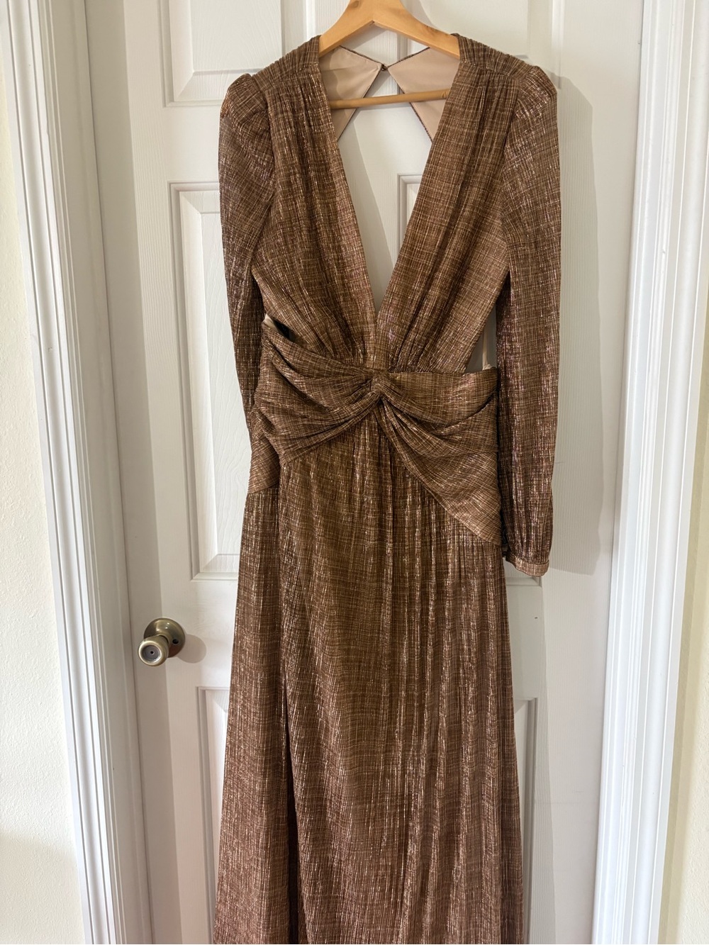 Gianni Bini Metallic Brown Twist-Front Long Sleeve Maxi Dress